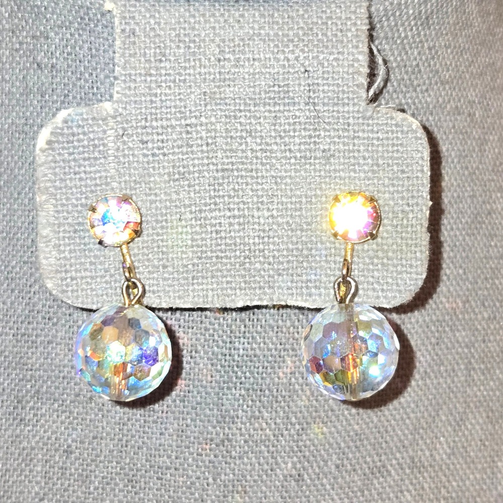Vintage Aurora Borealis Disco Ball Earrings Women 1" Screw Back Clip On Drop